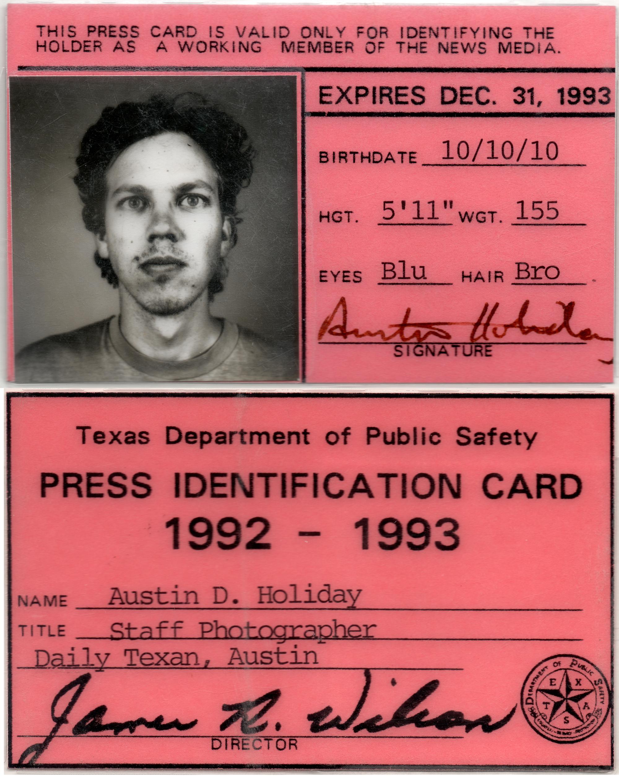 Daily Texan (1991-1992) - Press Card