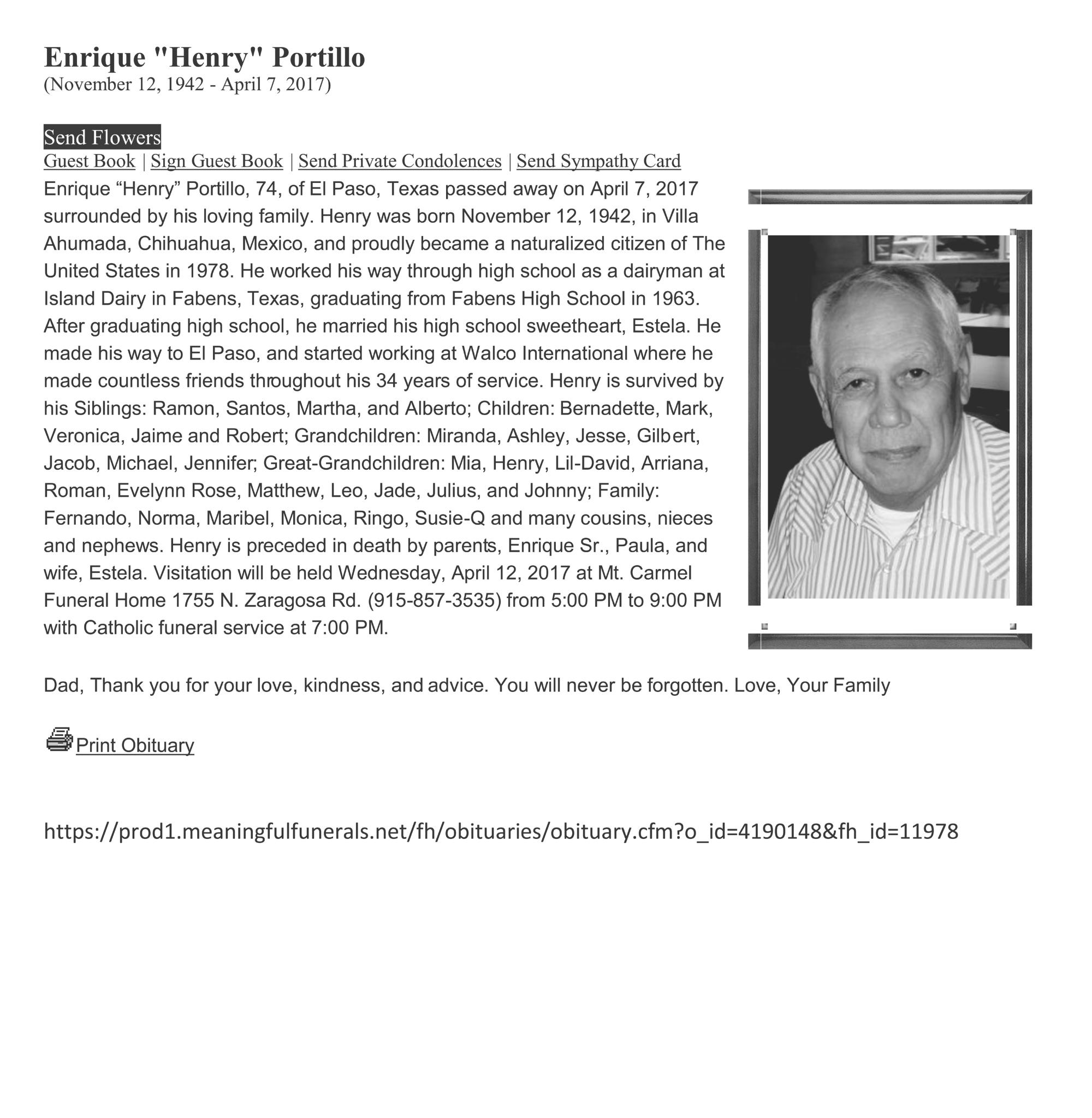 Memorials - Henry Portillo Obituary